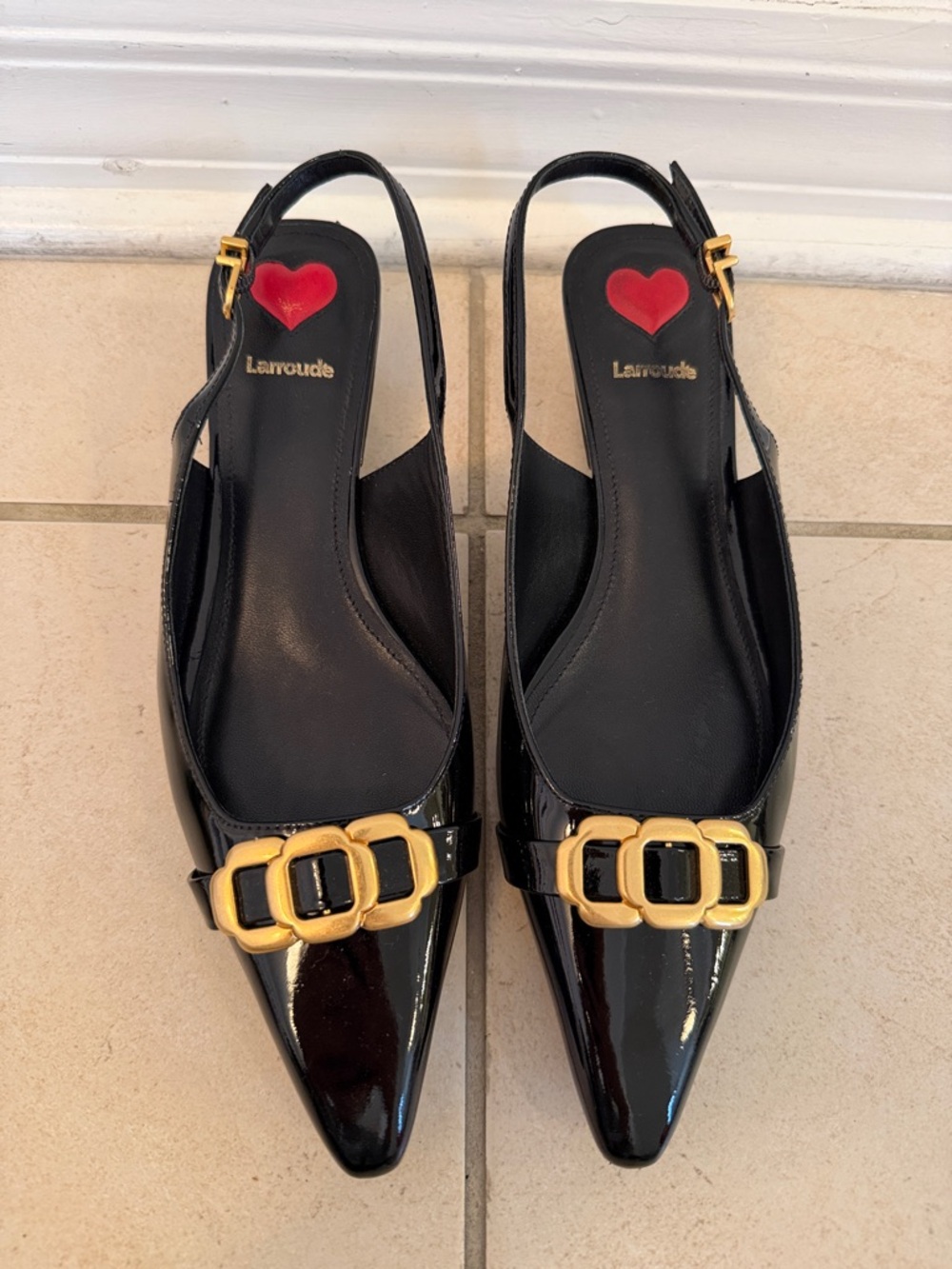 Larroude Black Patent Pointed Slingback Flats with Gold Buckle Accent